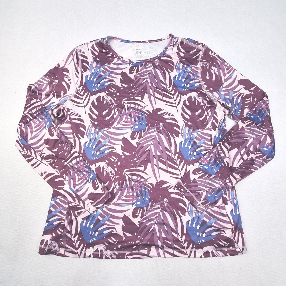 32 Degrees Sun Protection Top Womens Medium Purple Tropical UPF 50‎ Long Sleeve
